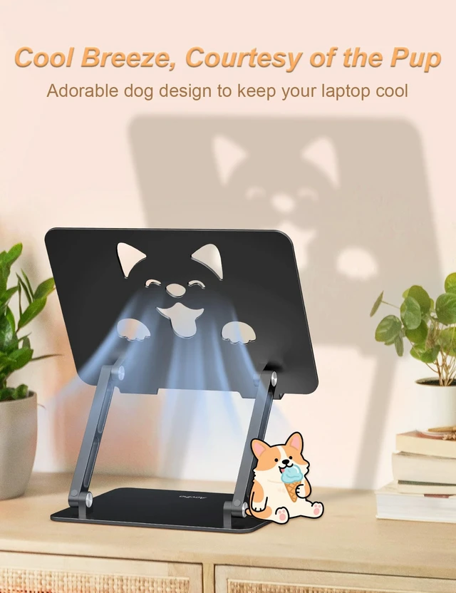 Alt view image 3 of 7 - Aluminum Laptop Stand for Desk Fit for All 10"-17.3" Laptops, Black Height-adjustable Notebook Holder, Ergonomic Computer Riser with Unique Puppy Cooling Vent, for Mac, Dell, Lenovo, HP