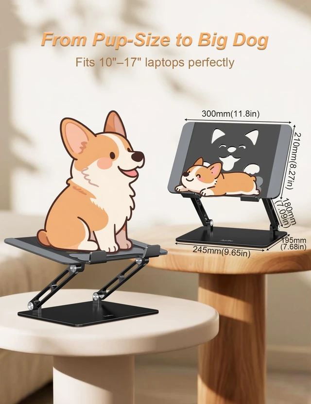 Alt view image 4 of 7 - Aluminum Laptop Stand for Desk Fit for All 10"-17.3" Laptops, Black Height-adjustable Notebook Holder, Ergonomic Computer Riser with Unique Puppy Cooling Vent, for Mac, Dell, Lenovo, HP