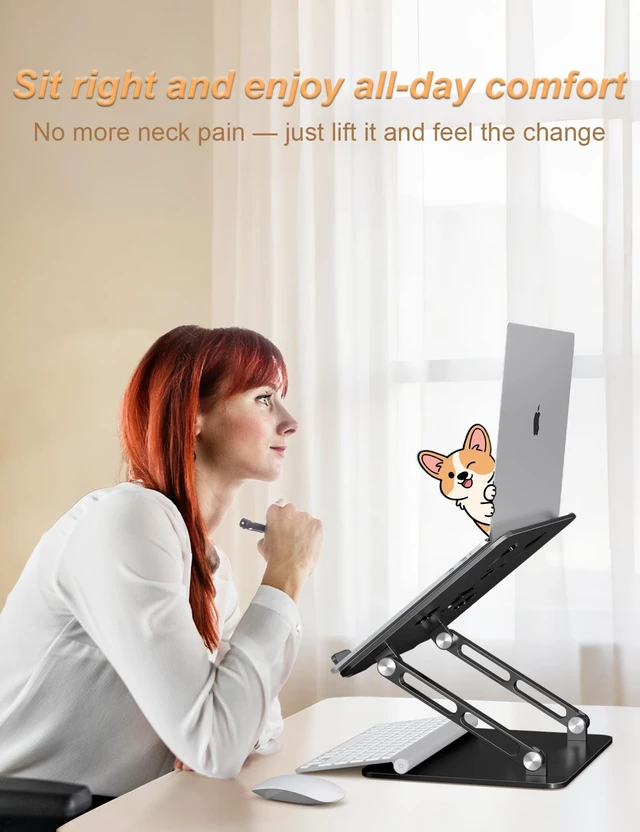 Alt view image 5 of 7 - Aluminum Laptop Stand for Desk Fit for All 10"-17.3" Laptops, Black Height-adjustable Notebook Holder, Ergonomic Computer Riser with Unique Puppy Cooling Vent, for Mac, Dell, Lenovo, HP