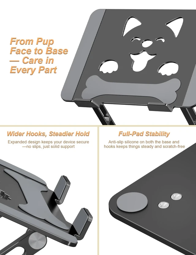 Alt view image 6 of 7 - Aluminum Laptop Stand for Desk Fit for All 10"-17.3" Laptops, Black Height-adjustable Notebook Holder, Ergonomic Computer Riser with Unique Puppy Cooling Vent, for Mac, Dell, Lenovo, HP