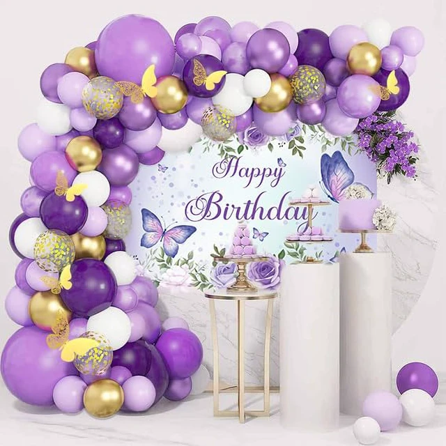 Alt view image 7 of 7 - Purple Butterfly Happy Birthday Backdrop 7x5Ft Rose Flowers Happy Birthday Photography Backdrop Decorations for Girls Birthday Party Cake Table Banner 82×59Inch Polyester