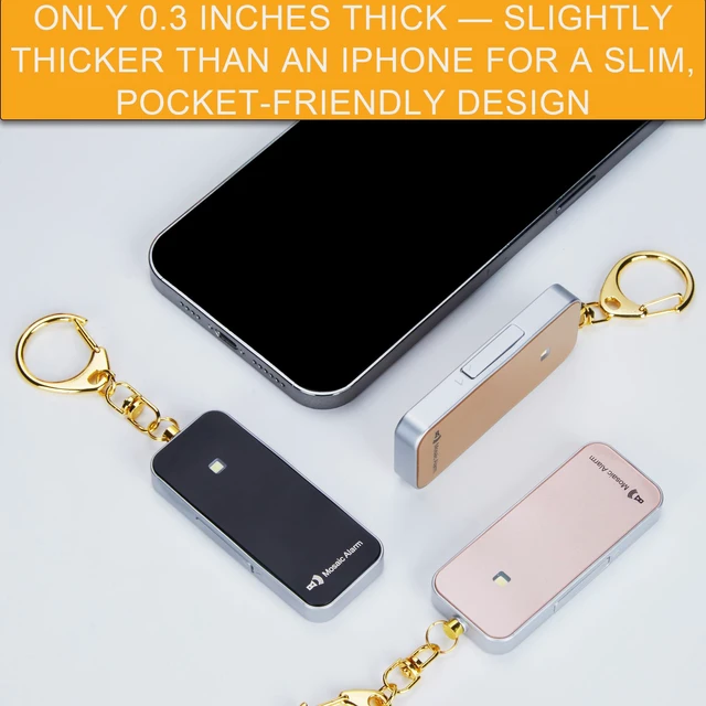 Alt view image 3 of 7 - Ultrathin Personal Alarm Waterproof Replaceable Battery Strobe Light Ultra-Lightweight 0.8 oz Bulky-Free Keychain SOS Siren Women Student Safety. Emergency 130db Rainproof Hiking Alert. Gold