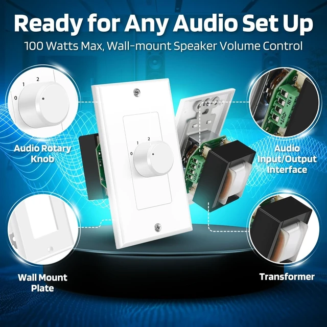 Alt view image 3 of 7 - 100W in-Wall Speaker Volume Control Plate, 5-Step Rotary Knob, White