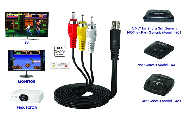 Alt view image 2 of 4 - AV RCA Cable for SEGA Genesis 2 & 3 Model 1631 1461 9-Pin Composite RCA AV Cable for Sega Genesis 2/3 Models 1631/1461, Nomad and 32X; Connects Console Video and Audio to a TV, 6 FT