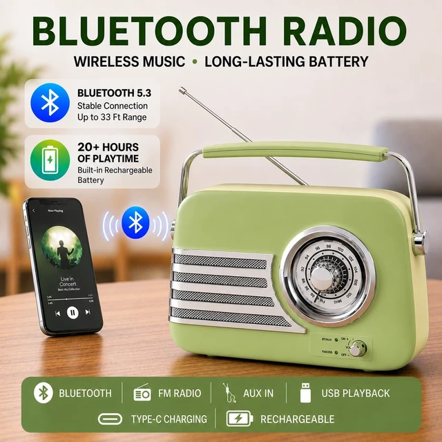 Alt view image 2 of 7 - Vintage FM Bluetooth Radio Speaker,Powerfull Sound,Grass Green Over 20 Hours Playback Time Retro Radio Bluetooth Speaker,Vintage Radio with Handle,AUX/USB for Living Room, Bedroom,Office