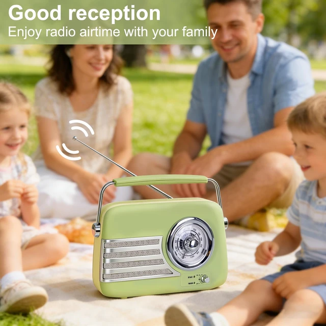 Alt view image 4 of 7 - Vintage FM Bluetooth Radio Speaker,Powerfull Sound,Grass Green Over 20 Hours Playback Time Retro Radio Bluetooth Speaker,Vintage Radio with Handle,AUX/USB for Living Room, Bedroom,Office