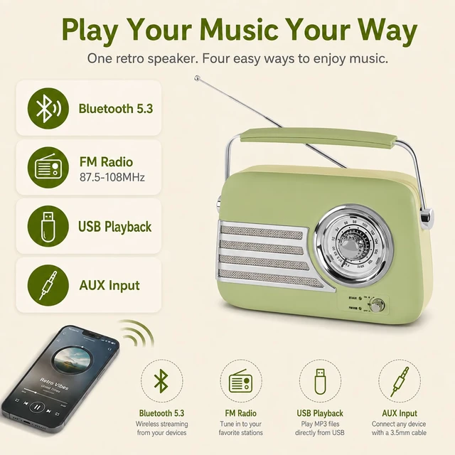 Alt view image 5 of 7 - Vintage FM Bluetooth Radio Speaker,Powerfull Sound,Grass Green Over 20 Hours Playback Time Retro Radio Bluetooth Speaker,Vintage Radio with Handle,AUX/USB for Living Room, Bedroom,Office