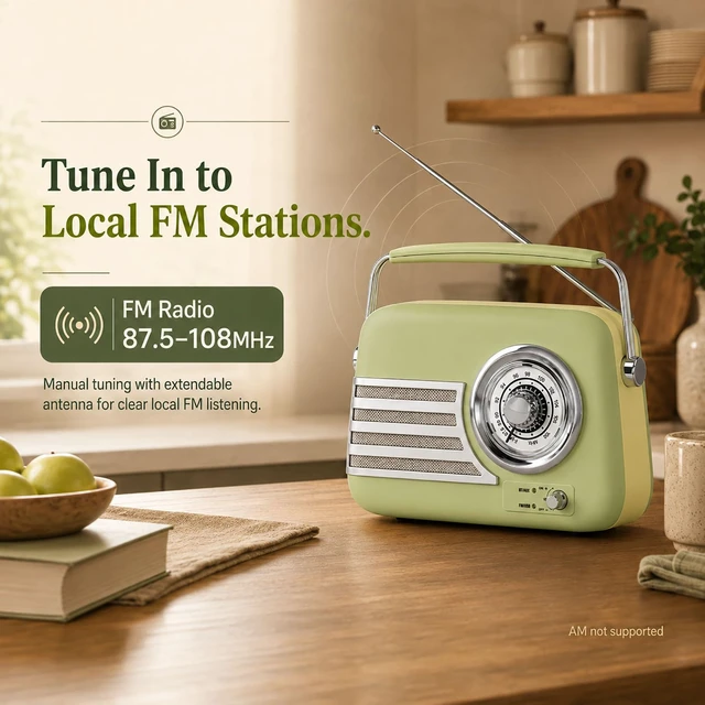 Alt view image 6 of 7 - Vintage FM Bluetooth Radio Speaker,Powerfull Sound,Grass Green Over 20 Hours Playback Time Retro Radio Bluetooth Speaker,Vintage Radio with Handle,AUX/USB for Living Room, Bedroom,Office