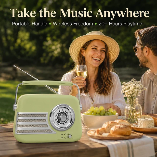 Alt view image 7 of 7 - Vintage FM Bluetooth Radio Speaker,Powerfull Sound,Grass Green Over 20 Hours Playback Time Retro Radio Bluetooth Speaker,Vintage Radio with Handle,AUX/USB for Living Room, Bedroom,Office