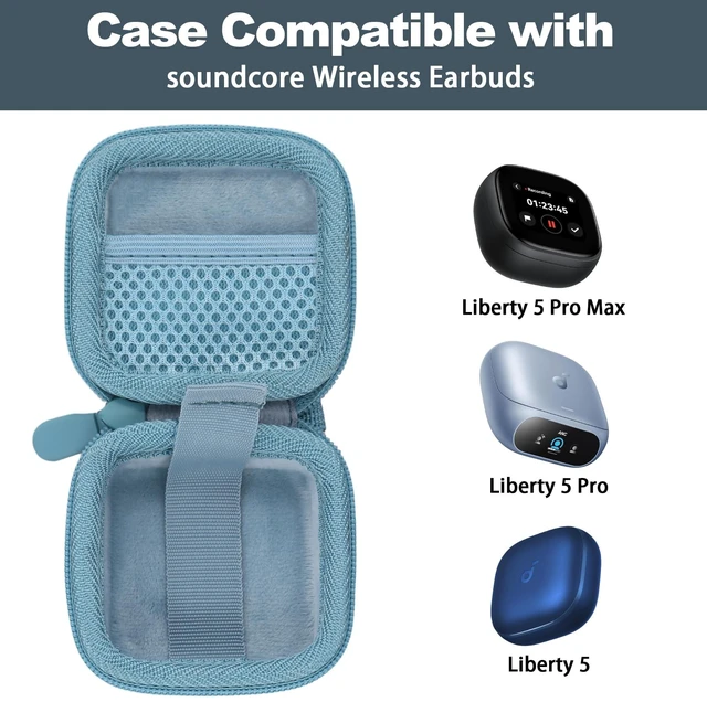 Alt view image 2 of 7 - for Soundcore Liberty 5 Pro Max/5 Pro/5 Earbuds Hard Travel Case, Blue Portable Protective Storage Bag with Mesh Pocket, Elastic Securing Strap & Carabiner, Shockproof EVA Shell and Soft Lining