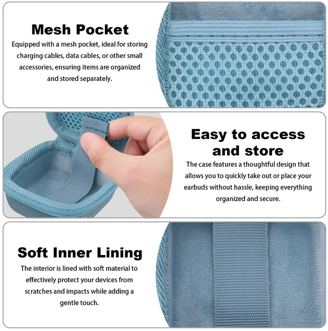 Alt view image 4 of 7 - for Soundcore Liberty 5 Pro Max/5 Pro/5 Earbuds Hard Travel Case, Blue Portable Protective Storage Bag with Mesh Pocket, Elastic Securing Strap & Carabiner, Shockproof EVA Shell and Soft Lining