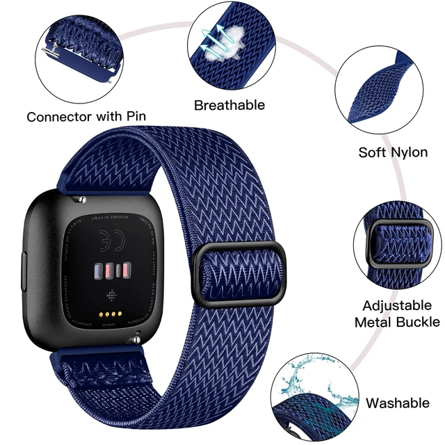 Alt view image 2 of 7 - Stretchy Nylon Watch Band Compatible for Fitbit Versa 2 Bands Women Men Elastic Strap,Soft Breathable Sport Replacement Wristband for Versa 2/ Versa/ Versa lite/Versa SE Smartwatch,Washable 2 Pack