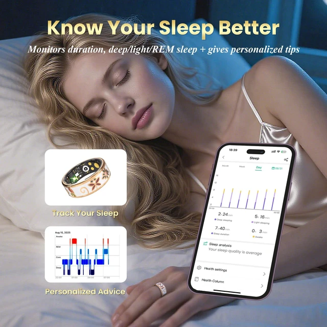 Alt view image 4 of 7 - Smart Ring Fitness Tracker, Heart Rate, SpO2, Sleep, No Sub13 IP68 Waterproof, 7-Day Battery, Remote Camera, Stress Monitor, Activity Tracker, iOS & Android, Gift for Women & Men
