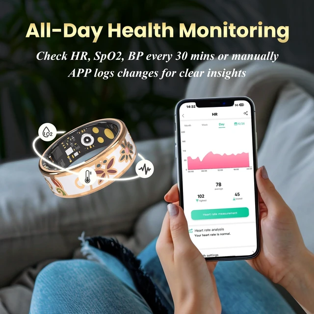 Alt view image 5 of 7 - Smart Ring Fitness Tracker, Heart Rate, SpO2, Sleep, No Sub13 IP68 Waterproof, 7-Day Battery, Remote Camera, Stress Monitor, Activity Tracker, iOS & Android, Gift for Women & Men