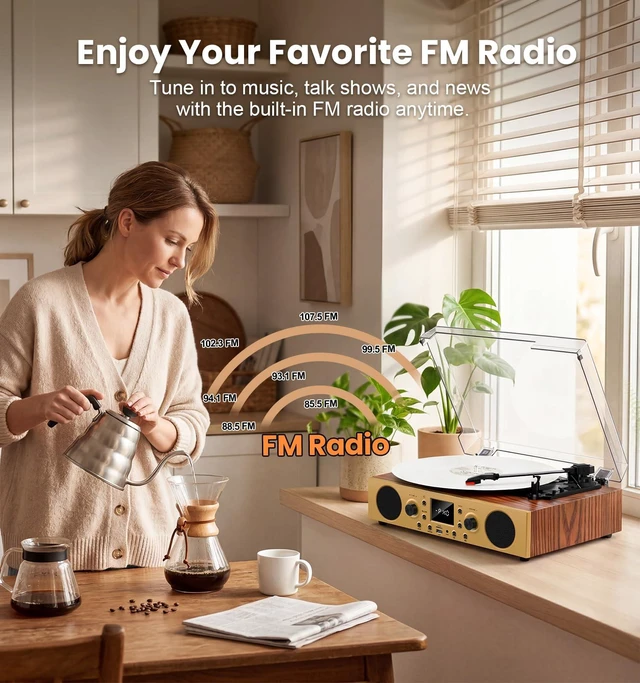 Alt view image 2 of 7 - Vintage Walnut Bluetooth Record Player, 3-Speed Turntable Warm walnut finish with Bluetooth, 3-speed playback, USB recording, FM radio, display and built-in stereo speakers