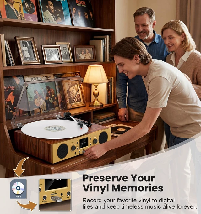 Alt view image 3 of 7 - Vintage Walnut Bluetooth Record Player, 3-Speed Turntable Warm walnut finish with Bluetooth, 3-speed playback, USB recording, FM radio, display and built-in stereo speakers