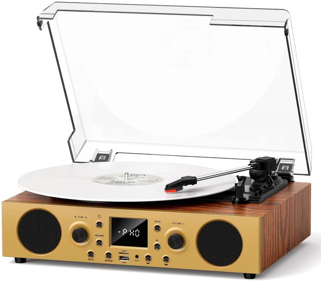 Main image of Vintage Walnut Bluetooth Record Player, 3-Speed Turntable Warm walnut finish with Bluetooth, 3-speed playback, USB recording, FM radio, display and built-in stereo speakers