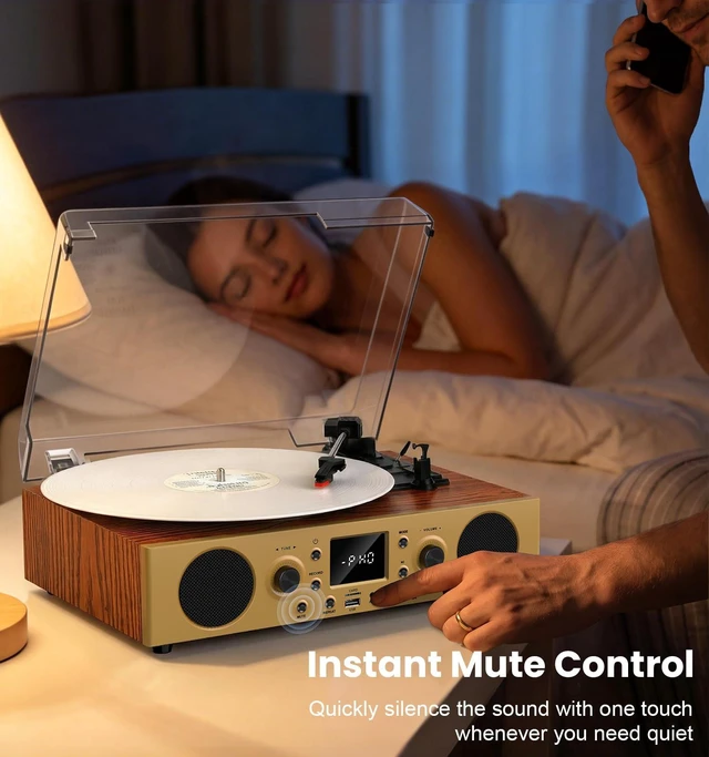 Alt view image 4 of 7 - Vintage Walnut Bluetooth Record Player, 3-Speed Turntable Warm walnut finish with Bluetooth, 3-speed playback, USB recording, FM radio, display and built-in stereo speakers