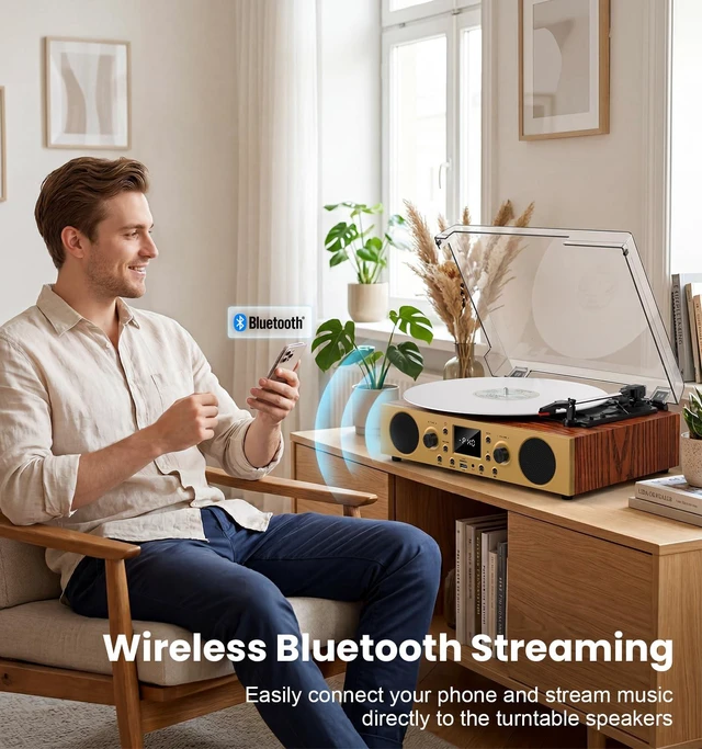 Alt view image 5 of 7 - Vintage Walnut Bluetooth Record Player, 3-Speed Turntable Warm walnut finish with Bluetooth, 3-speed playback, USB recording, FM radio, display and built-in stereo speakers