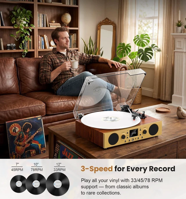 Alt view image 6 of 7 - Vintage Walnut Bluetooth Record Player, 3-Speed Turntable Warm walnut finish with Bluetooth, 3-speed playback, USB recording, FM radio, display and built-in stereo speakers