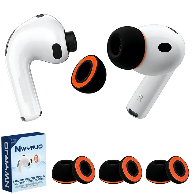 Main image of Memory Foam Replacement Ear Tips for AirPods Pro 3 Silicone Shield, Compatible withAirPods Pro 3rd Generation 2025, Anti-Slip Better Noise Canceling, 3 Pairs (Black & Orange, Medium)