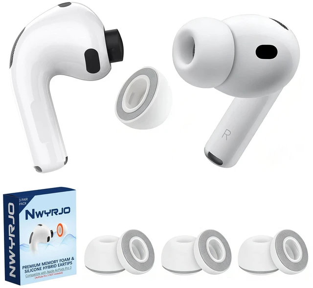 Main image of Memory Foam Replacement Ear Tips for AirPods Pro 3 Silicone Shield, Compatible withAirPods Pro 3rd Generation 2025, Anti-Slip Better Noise Canceling, 3 Pairs (White & Grey, Medium)