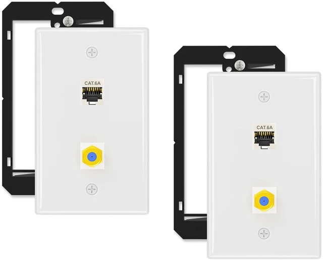 Main image of 2-Pack Coax and CAT6A Ethernet Wall Plate, 2-Port Keystone 2-Port Keystone Wall Plates with Cat 6A Coupler 10Gbit/s, COAX Jack and Bracket, Female to Female Cat6a Wall Plate, Cat6a/6/5
