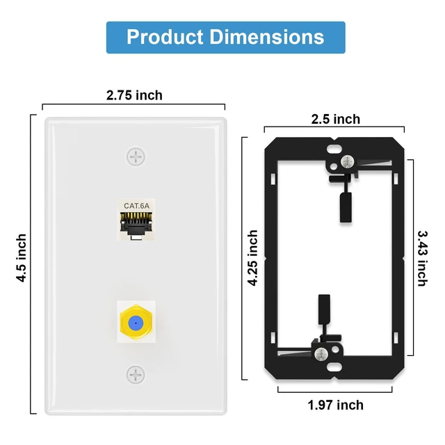 Alt view image 4 of 7 - 2-Pack Coax and CAT6A Ethernet Wall Plate, 2-Port Keystone 2-Port Keystone Wall Plates with Cat 6A Coupler 10Gbit/s, COAX Jack and Bracket, Female to Female Cat6a Wall Plate, Cat6a/6/5