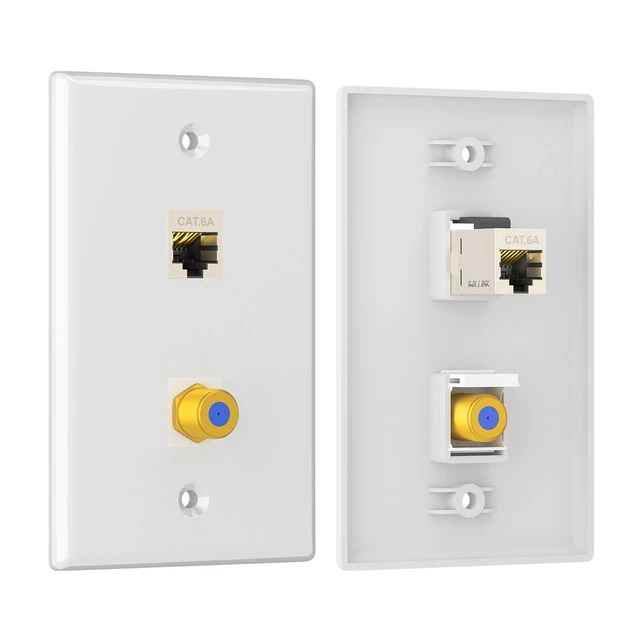 Alt view image 5 of 7 - 2-Pack Coax and CAT6A Ethernet Wall Plate, 2-Port Keystone 2-Port Keystone Wall Plates with Cat 6A Coupler 10Gbit/s, COAX Jack and Bracket, Female to Female Cat6a Wall Plate, Cat6a/6/5