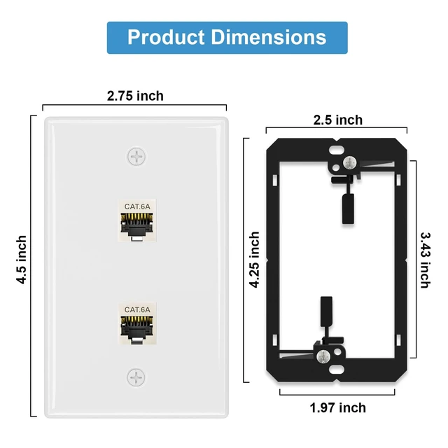Alt view image 4 of 7 - 2-Pack Shielded Cat6A Ethernet Wall Plate, 1-Port RJ45 Wall Plate 2-Port Keystone Wall Plates with Cat 6A Shielded Coupler and Bracket, Female to Female Cat6a Wall Plate, Cat6a/Cat6/5e, PoE