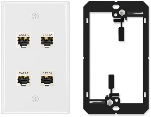 Main image of 1-Pack Shielded Cat6A Ethernet Wall Plate, 4-Port RJ45 Wall Plate 4-Port Keystone Wall Plates with Cat 6A Shielded Coupler and Bracket, Female to Female Cat6a Wall Plate, Cat6a/Cat6/5e, PoE