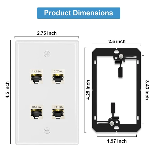 Alt view image 4 of 7 - 1-Pack Shielded Cat6A Ethernet Wall Plate, 4-Port RJ45 Wall Plate 4-Port Keystone Wall Plates with Cat 6A Shielded Coupler and Bracket, Female to Female Cat6a Wall Plate, Cat6a/Cat6/5e, PoE