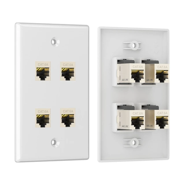Alt view image 5 of 7 - 1-Pack Shielded Cat6A Ethernet Wall Plate, 4-Port RJ45 Wall Plate 4-Port Keystone Wall Plates with Cat 6A Shielded Coupler and Bracket, Female to Female Cat6a Wall Plate, Cat6a/Cat6/5e, PoE