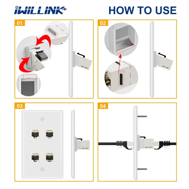 Alt view image 7 of 7 - 1-Pack Shielded Cat6A Ethernet Wall Plate, 4-Port RJ45 Wall Plate 4-Port Keystone Wall Plates with Cat 6A Shielded Coupler and Bracket, Female to Female Cat6a Wall Plate, Cat6a/Cat6/5e, PoE