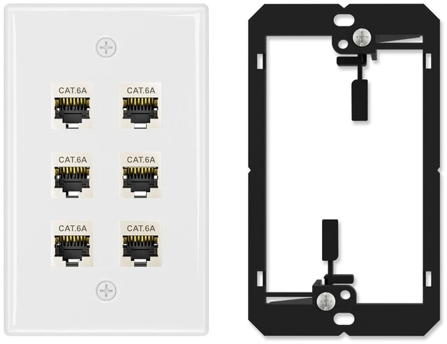 Main image of 1-Pack Shielded Cat6A Ethernet Wall Plate, 6-Port RJ45 Wall Plate 6-Port Keystone Wall Plates with Cat 6A Shielded Coupler and Bracket, Female to Female Cat6a Wall Plate, Cat6a/Cat6/5e, PoE