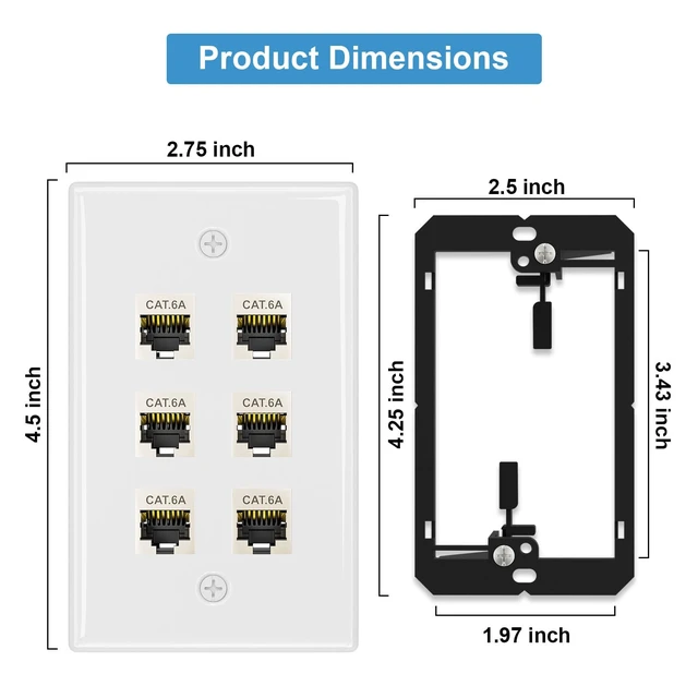 Alt view image 4 of 7 - 1-Pack Shielded Cat6A Ethernet Wall Plate, 6-Port RJ45 Wall Plate 6-Port Keystone Wall Plates with Cat 6A Shielded Coupler and Bracket, Female to Female Cat6a Wall Plate, Cat6a/Cat6/5e, PoE