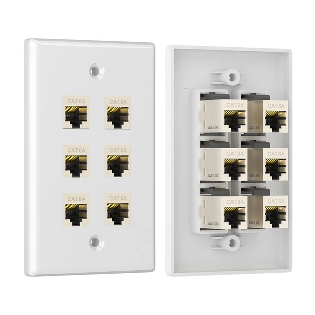 Alt view image 5 of 7 - 1-Pack Shielded Cat6A Ethernet Wall Plate, 6-Port RJ45 Wall Plate 6-Port Keystone Wall Plates with Cat 6A Shielded Coupler and Bracket, Female to Female Cat6a Wall Plate, Cat6a/Cat6/5e, PoE