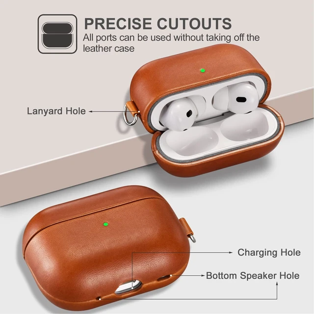 Alt view image 4 of 6 - Airpods Pro 2 Genuine Leather Case with Strap, Vintage Hand Made Case-Brown Genuine Leather Shockproof Protective Cover with Lanyard for AirPods Pro 2 Case (LED Visible) Support Wireless Charger