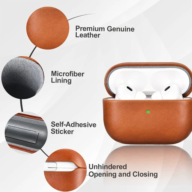 Alt view image 3 of 6 - Airpods Pro 2 Genuine Leather Case with Strap, Vintage Hand Made Case-Brown Genuine Leather Shockproof Protective Cover with Lanyard for AirPods Pro 2 Case (LED Visible) Support Wireless Charger