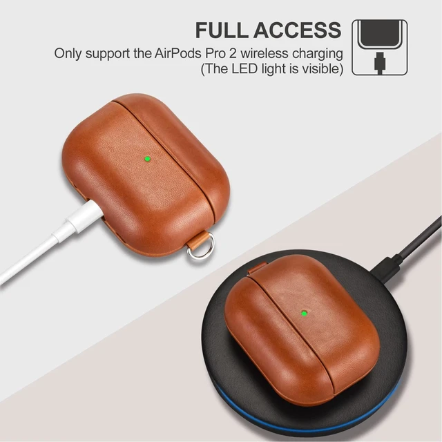 Alt view image 6 of 6 - Airpods Pro 2 Genuine Leather Case with Strap, Vintage Hand Made Case-Brown Genuine Leather Shockproof Protective Cover with Lanyard for AirPods Pro 2 Case (LED Visible) Support Wireless Charger