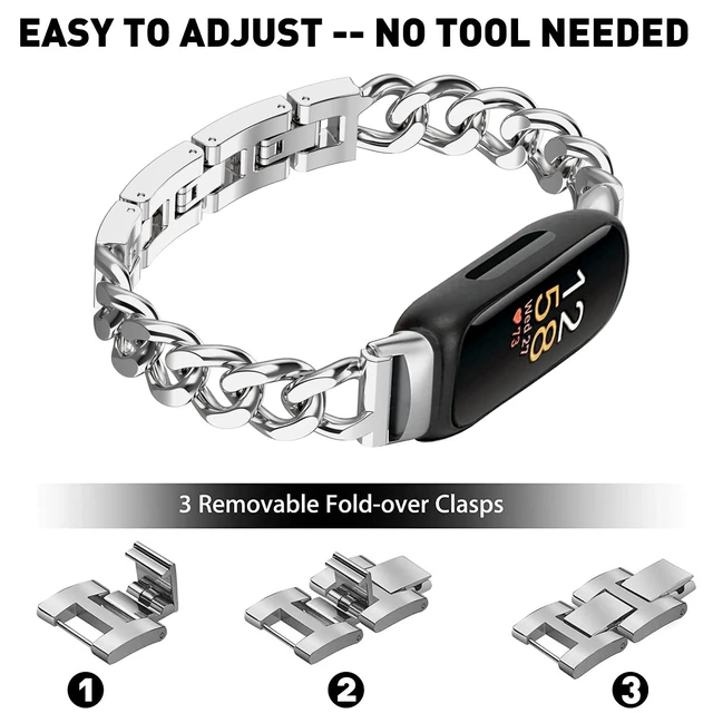 Alt view image 4 of 6 - Cool Bands for Fitbit Inspire 3 Bands Women,Silver,For Inspire 3 Stainless Steel,Metal,Adjustable,Wristband,Replacement Straps,For Fitbit Inspire 3 Fitness Tracker