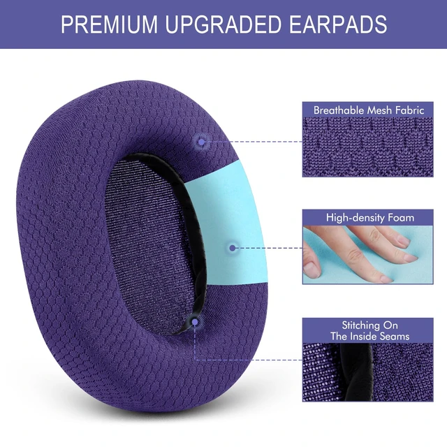 Alt view image 3 of 7 - Ear Pads for SteelSeries Arctis 1/3/5/7/7P/7X/9/Pro/Prime - Deep Purple Also for Arctis 7/7+/7P/7X, Arctis 9/9X Headset, Earpads Cushions Replacement with Mesh Fabric, High-Density Foam