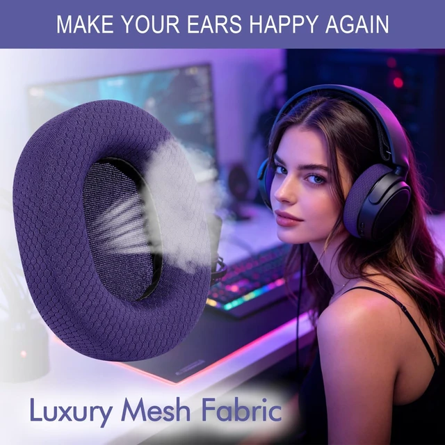 Alt view image 5 of 7 - Ear Pads for SteelSeries Arctis 1/3/5/7/7P/7X/9/Pro/Prime - Deep Purple Also for Arctis 7/7+/7P/7X, Arctis 9/9X Headset, Earpads Cushions Replacement with Mesh Fabric, High-Density Foam