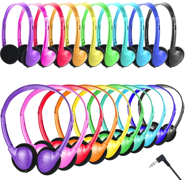 Main image of Bulk Headphones for Classroom, 3.5mm Wired On-Ear 10 Pack Kids Headphones Bulk for School Students Chromebook Pad Mixed Colors
