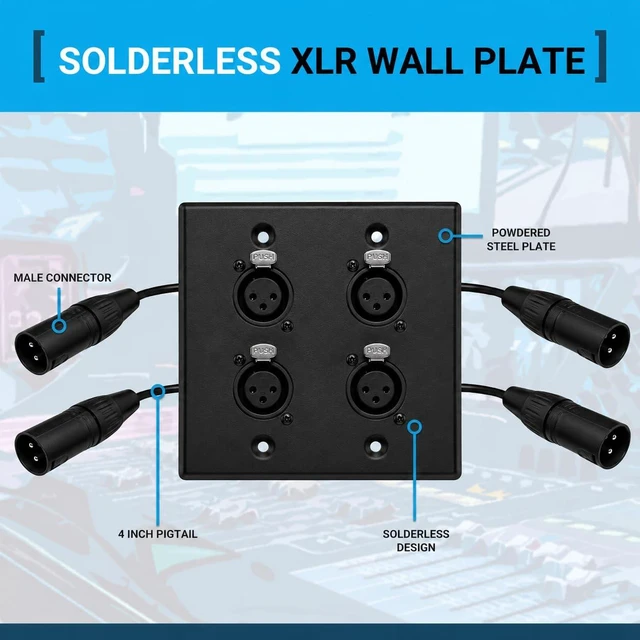 Alt view image 2 of 3 - 4 Port Black XLR Wall Plate, Solderless Female to Male Connector No-Solder XLR Wall Plate with Female to Male Connectors for Pro Audio, Studio, Stage, Rack & In-Wall Installations
