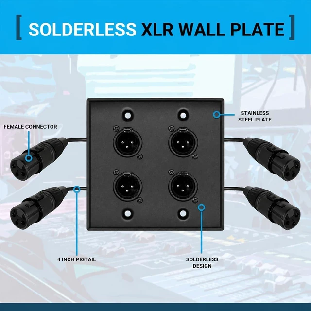 Alt view image 2 of 3 - 4 Port Black XLR Wall Plate, Solderless Male to Female Connector No-Solder XLR Wall Plate with Male to Female Connectors for Pro Audio, Studio, Stage, Rack & In-Wall Installations