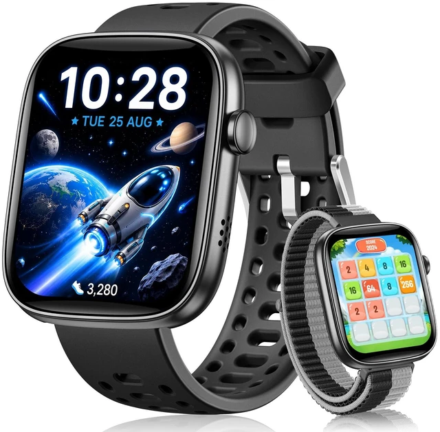 Main image of Kids Smart Watch No Phone Needed, 1.83" Smart Watch Fitness Trackers(Black) Heart Rate/Sleep Monitor/IP68 Waterproof/Step Counter/Puzzle Games/Pedometer/Music for Boys Girls Teens 5+