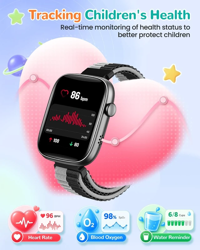 Alt view image 6 of 7 - Kids Smart Watch No Phone Needed, 1.83" Smart Watch Fitness Trackers(Black) Heart Rate/Sleep Monitor/IP68 Waterproof/Step Counter/Puzzle Games/Pedometer/Music for Boys Girls Teens 5+