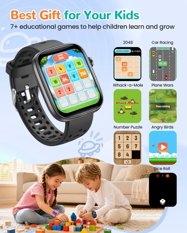 Alt view image 7 of 7 - Kids Smart Watch No Phone Needed, 1.83" Smart Watch Fitness Trackers(Black) Heart Rate/Sleep Monitor/IP68 Waterproof/Step Counter/Puzzle Games/Pedometer/Music for Boys Girls Teens 5+