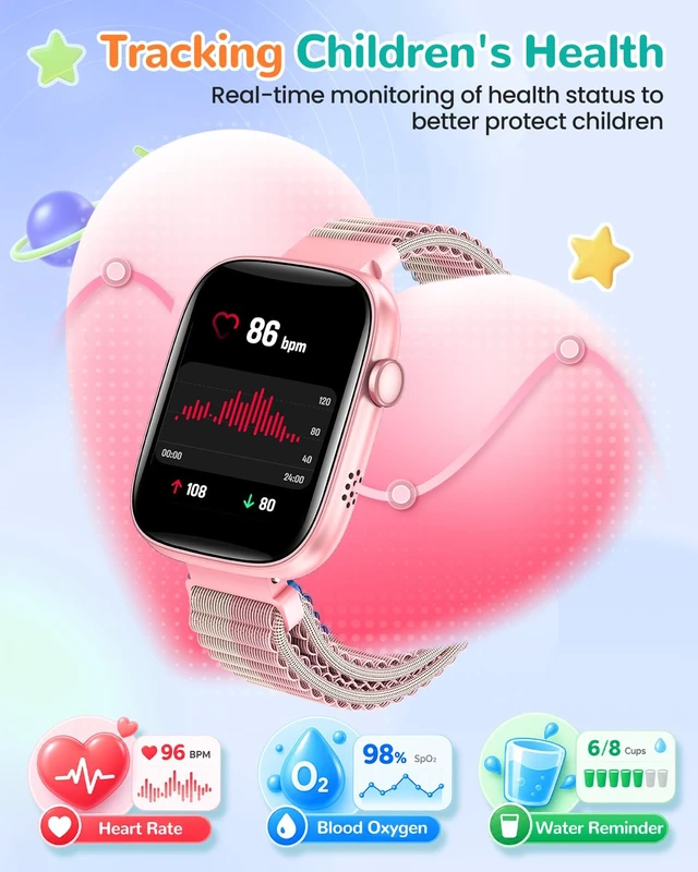 Alt view image 6 of 7 - Kids Smart Watch No Phone Needed, 1.83" Smart Watch Fitness Trackers(Pink) Heart Rate/Sleep Monitor/IP68 Waterproof/Step Counter/Puzzle Games/Pedometer/Music for Boys Girls Teens 5-16
